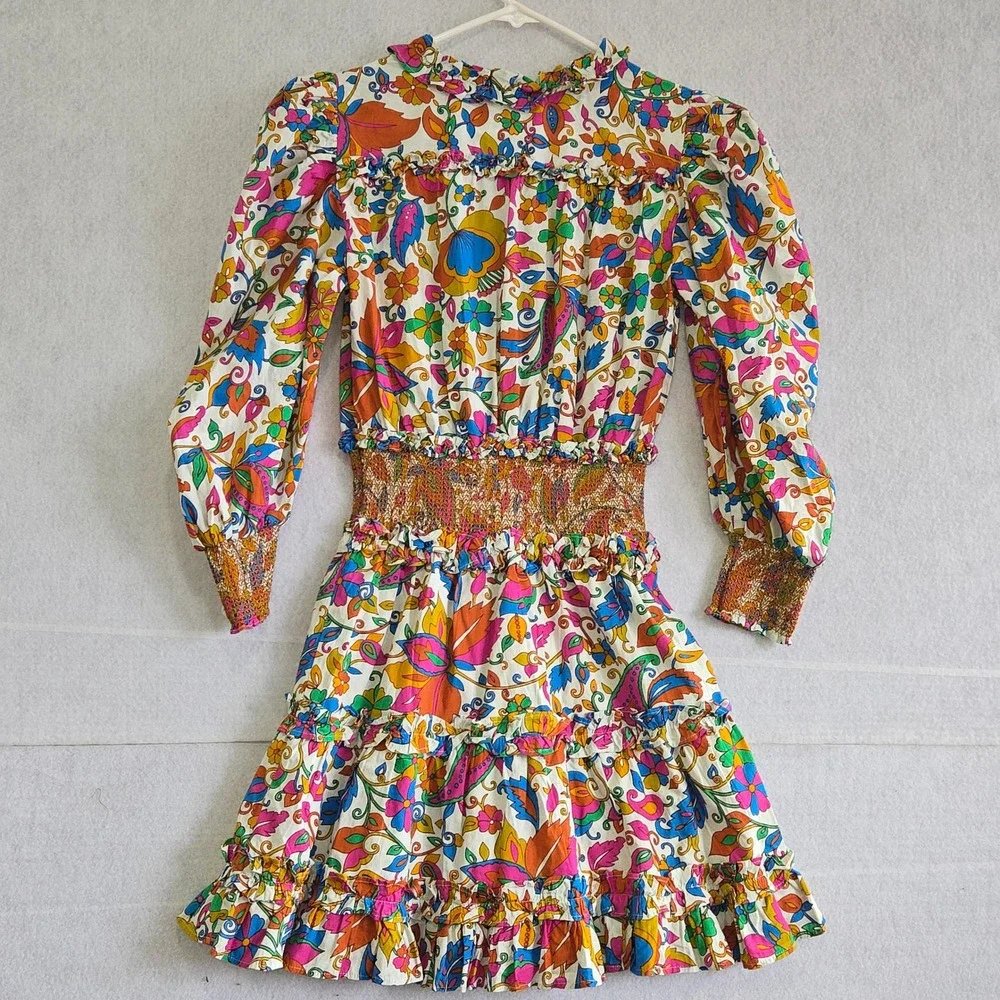 House of Harlow 1960 Nicole Richie Floral Smocked Mini Dress Cotton Small Multi - Picture 6 of 7